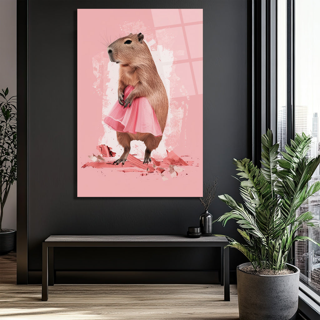 Pembe Tütülü Kapibara Cam Tablo - Neşeli Duvar Sanatı