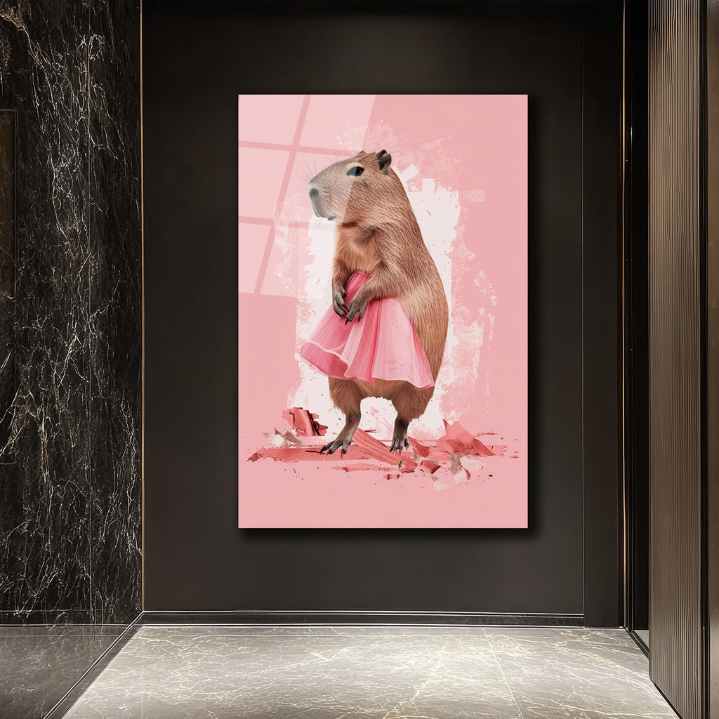 Pembe Tütülü Kapibara Cam Tablo - Neşeli Duvar Sanatı