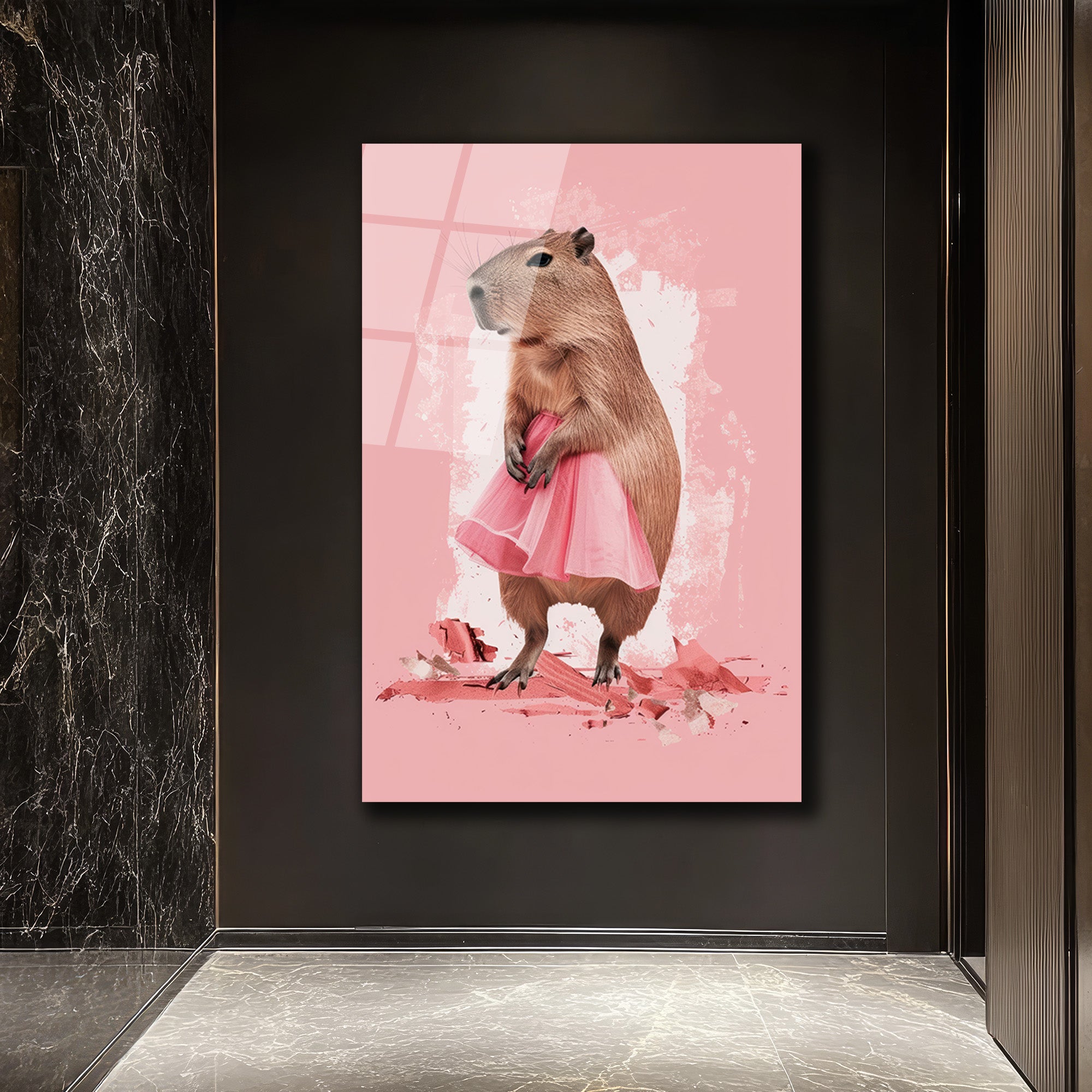 Pembe Tütülü Kapibara Cam Tablo - Neşeli Duvar Sanatı
