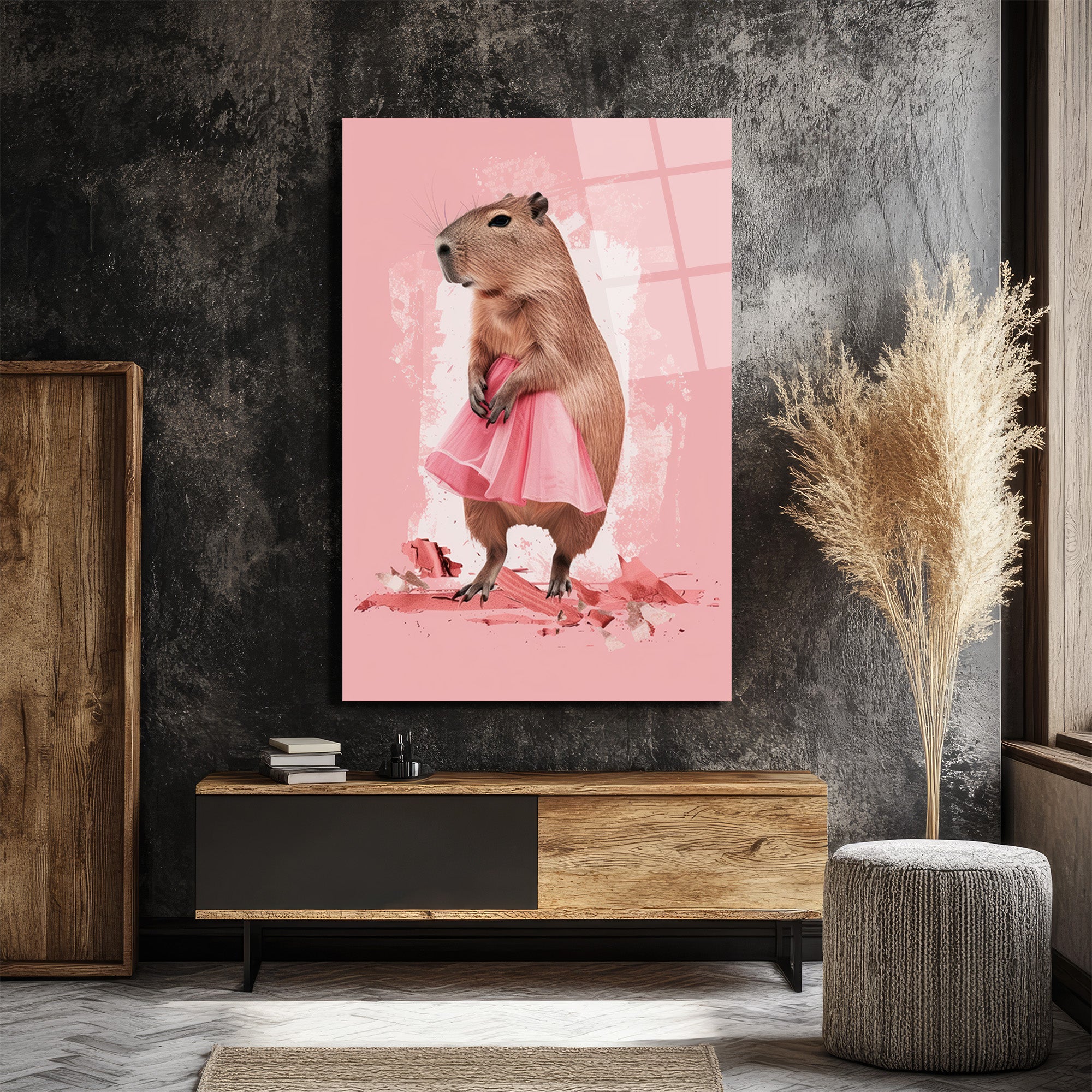 Pembe Tütülü Kapibara Cam Tablo - Neşeli Duvar Sanatı