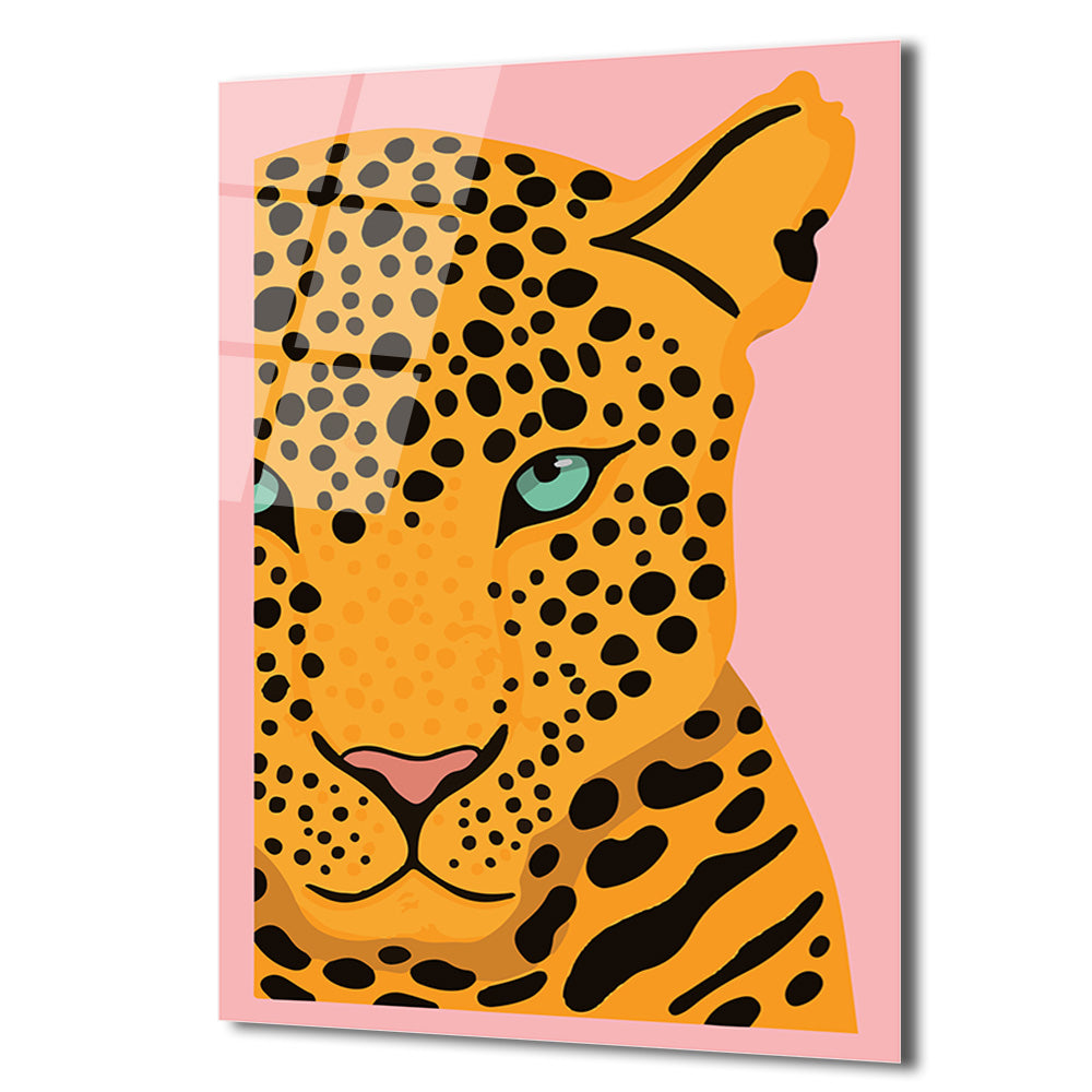 Cesur Bakış: Pembe Arka Plan Leopard Desenli Modern Cam Tablo