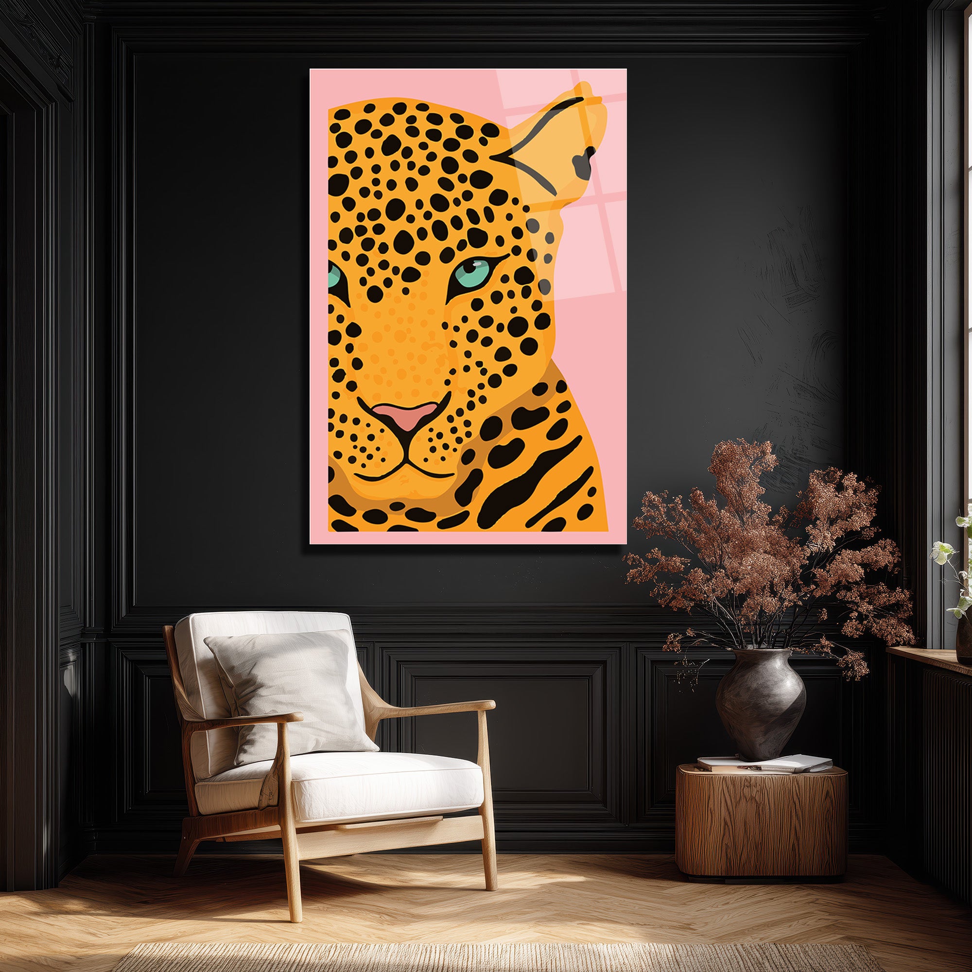 Cesur Bakış: Pembe Arka Plan Leopard Desenli Modern Cam Tablo