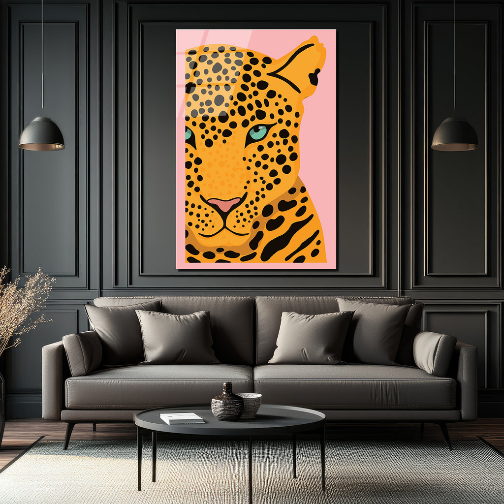 Cesur Bakış: Pembe Arka Plan Leopard Desenli Modern Cam Tablo