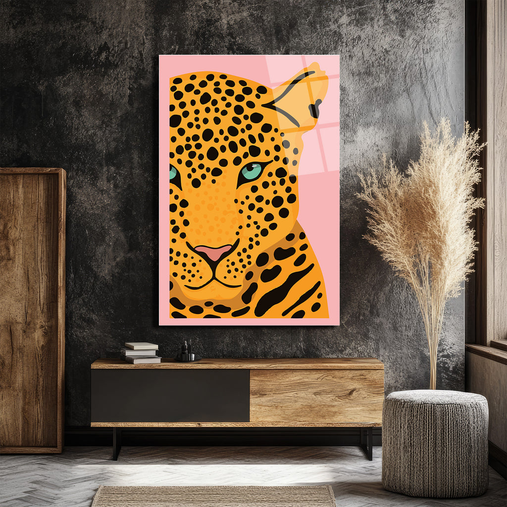 Cesur Bakış: Pembe Arka Plan Leopard Desenli Modern Cam Tablo