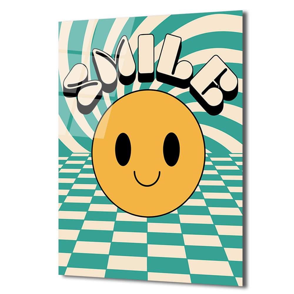 Retro Smiley Yüz ve Optik İllüzyonlu Smile Cam Tablo
