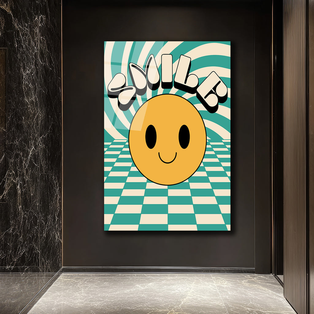 Retro Smiley Yüz ve Optik İllüzyonlu Smile Cam Tablo