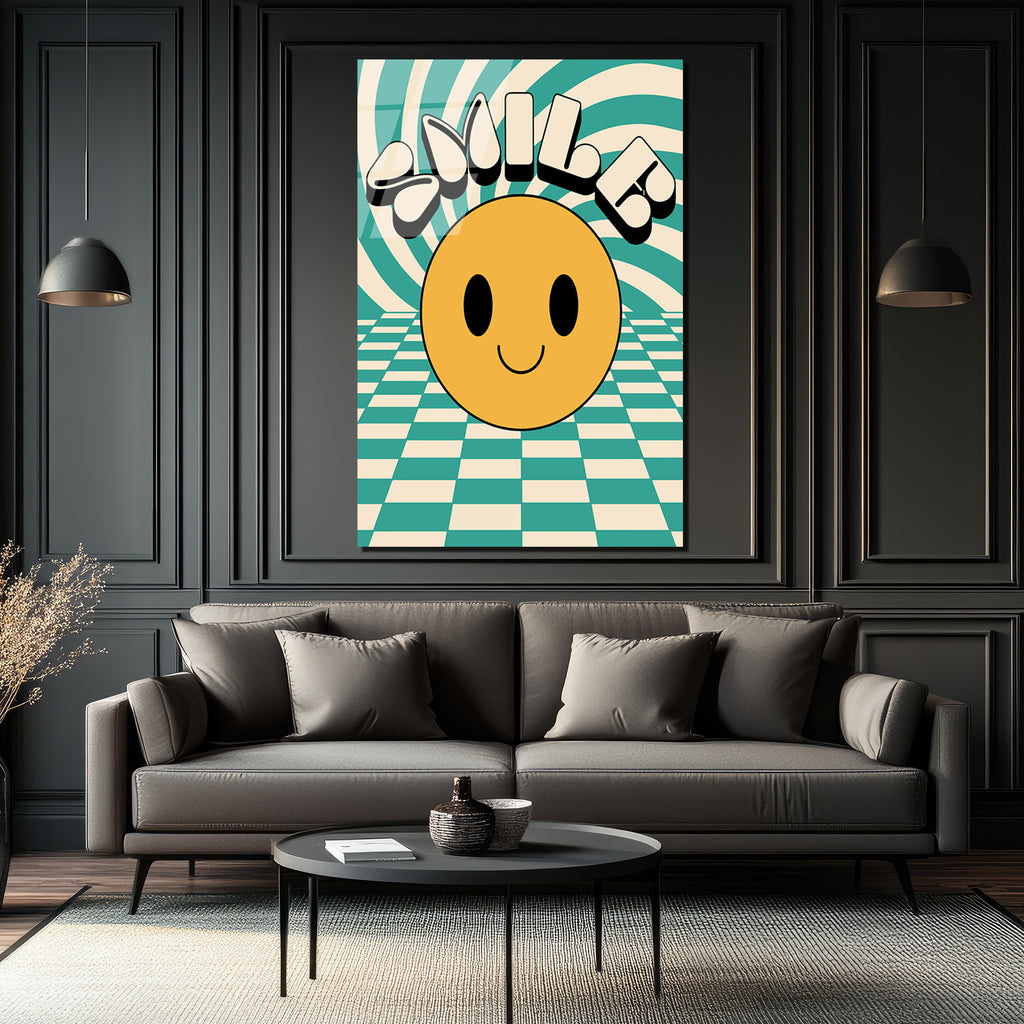 Retro Smiley Yüz ve Optik İllüzyonlu Smile Cam Tablo