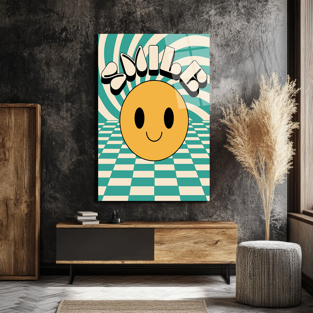 Retro Smiley Yüz ve Optik İllüzyonlu Smile Cam Tablo
