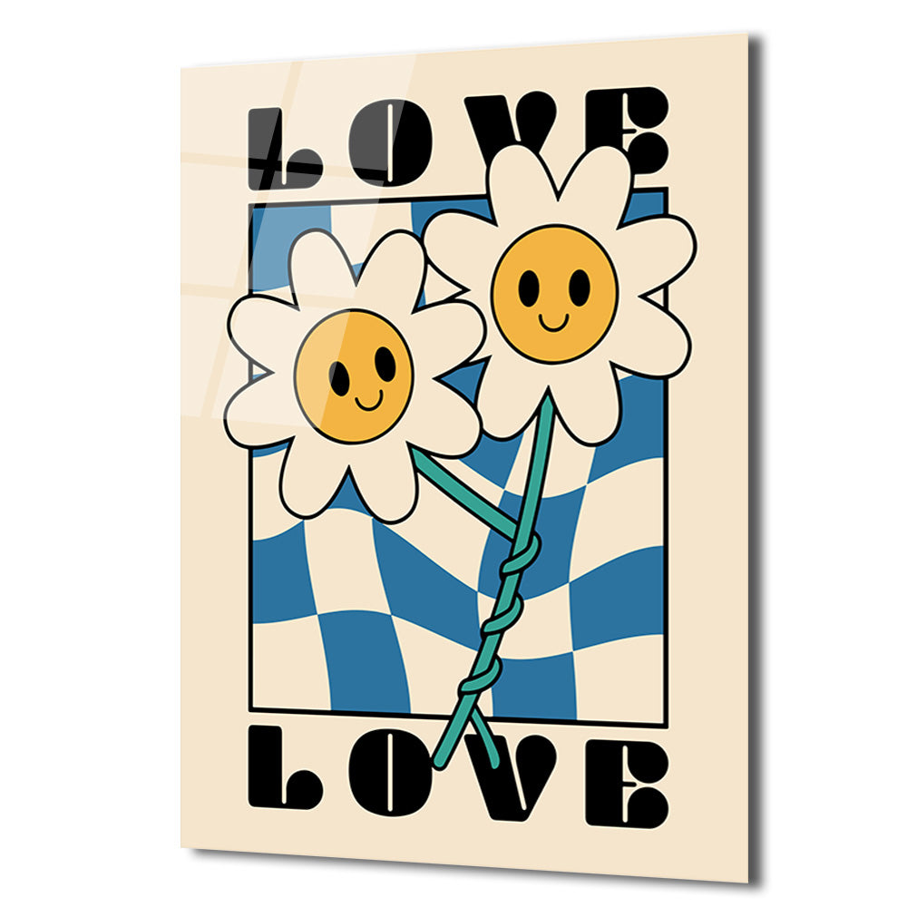 Retro Papatya Çiçekli Love Temalı Cam Tablo