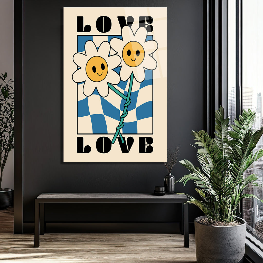 Retro Papatya Çiçekli Love Temalı Cam Tablo
