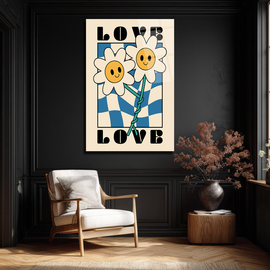 Retro Papatya Çiçekli Love Temalı Cam Tablo