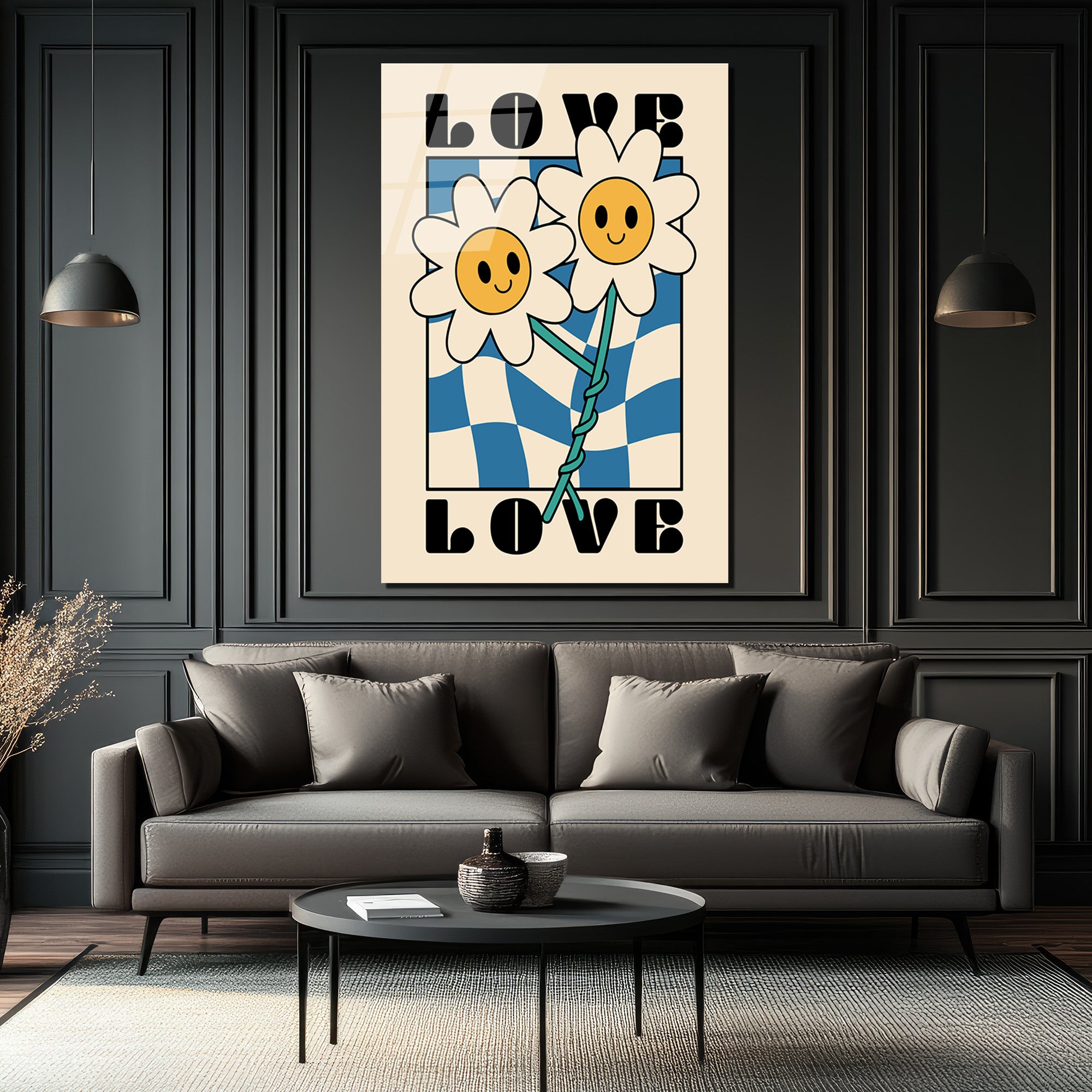 Retro Papatya Çiçekli Love Temalı Cam Tablo