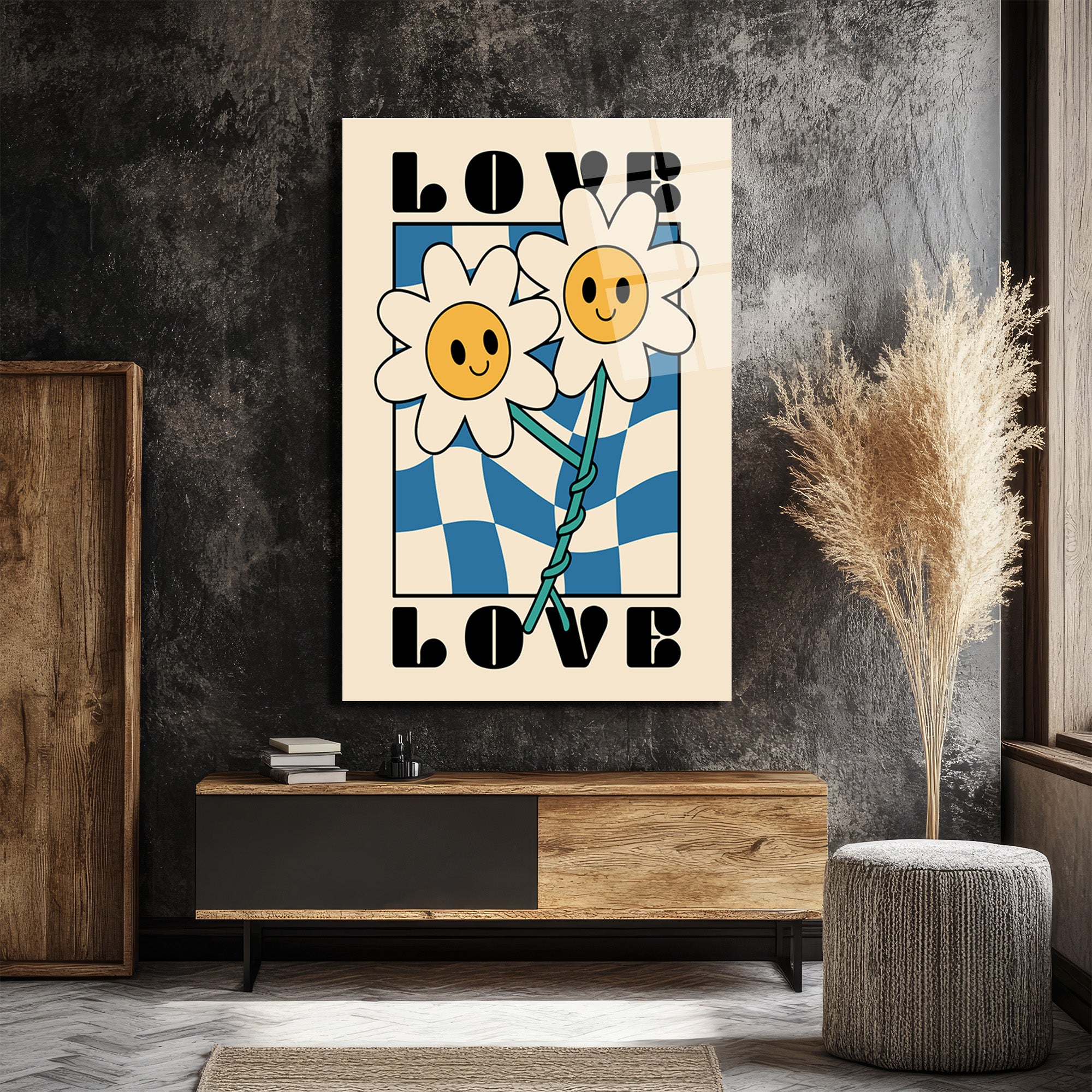 Retro Papatya Çiçekli Love Temalı Cam Tablo