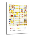 Piet Mondrian'ın Broadway Boogie Woogie eserini gösteren, sarı çizgiler ve kırmızı, mavi karelerden oluşan soyut bir cam tablo.