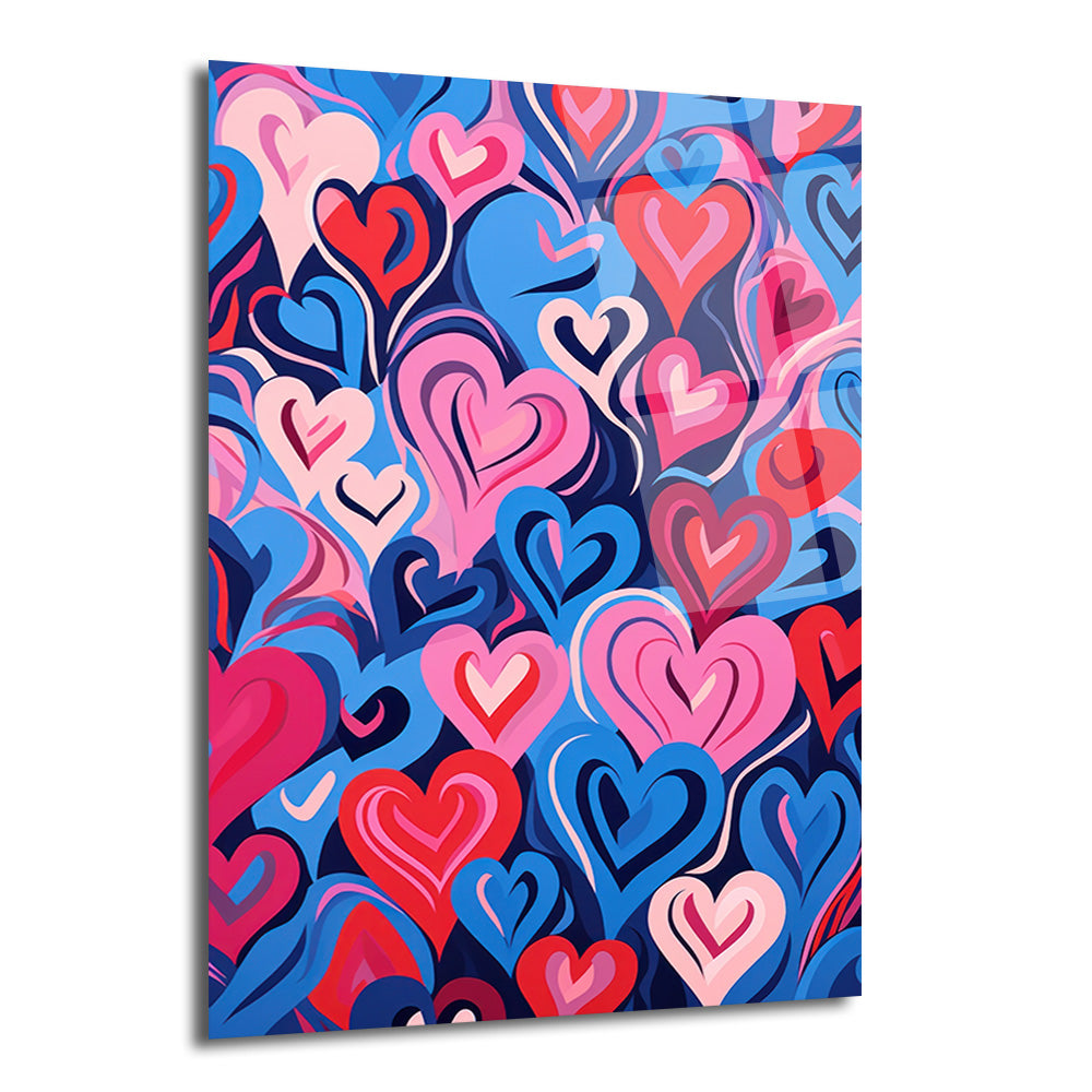 Çeşitli tonlarda pembe, kırmızı ve mavi kalplerin iç içe geçtiği, modern ve canlı bir sanat eseri olan cam tablo. Kalpler farklı boyutlarda ve stilize edilmiş çizgilerle dolu, hareketli ve dinamik bir kompozisyon oluşturuyor.