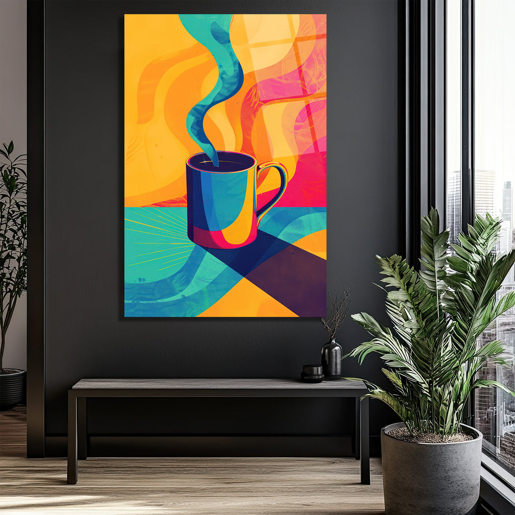 Enerjik Kahve Keyfi Cam Tablo - Modern Sanat Duvar Dekoru