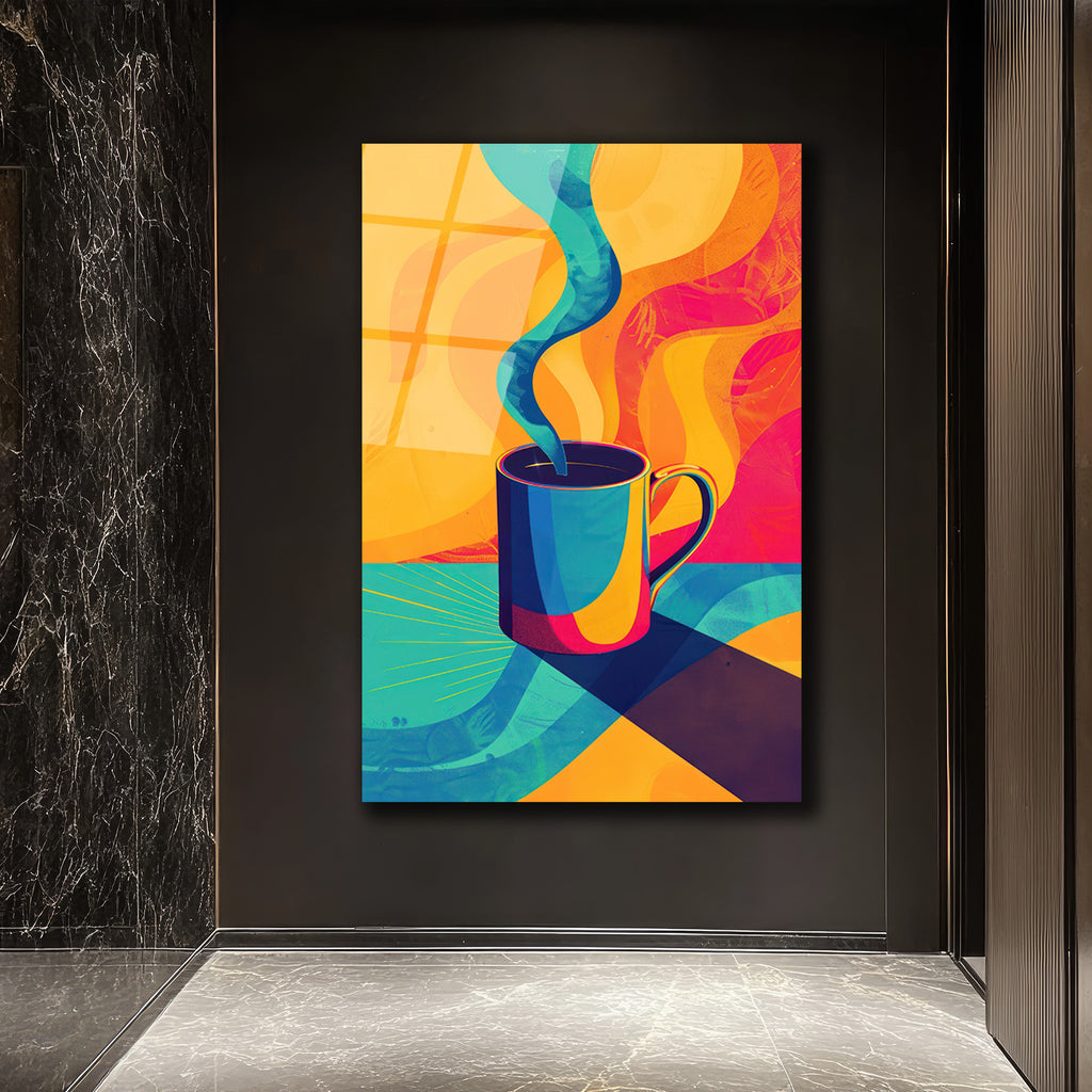 Enerjik Kahve Keyfi Cam Tablo - Modern Sanat Duvar Dekoru