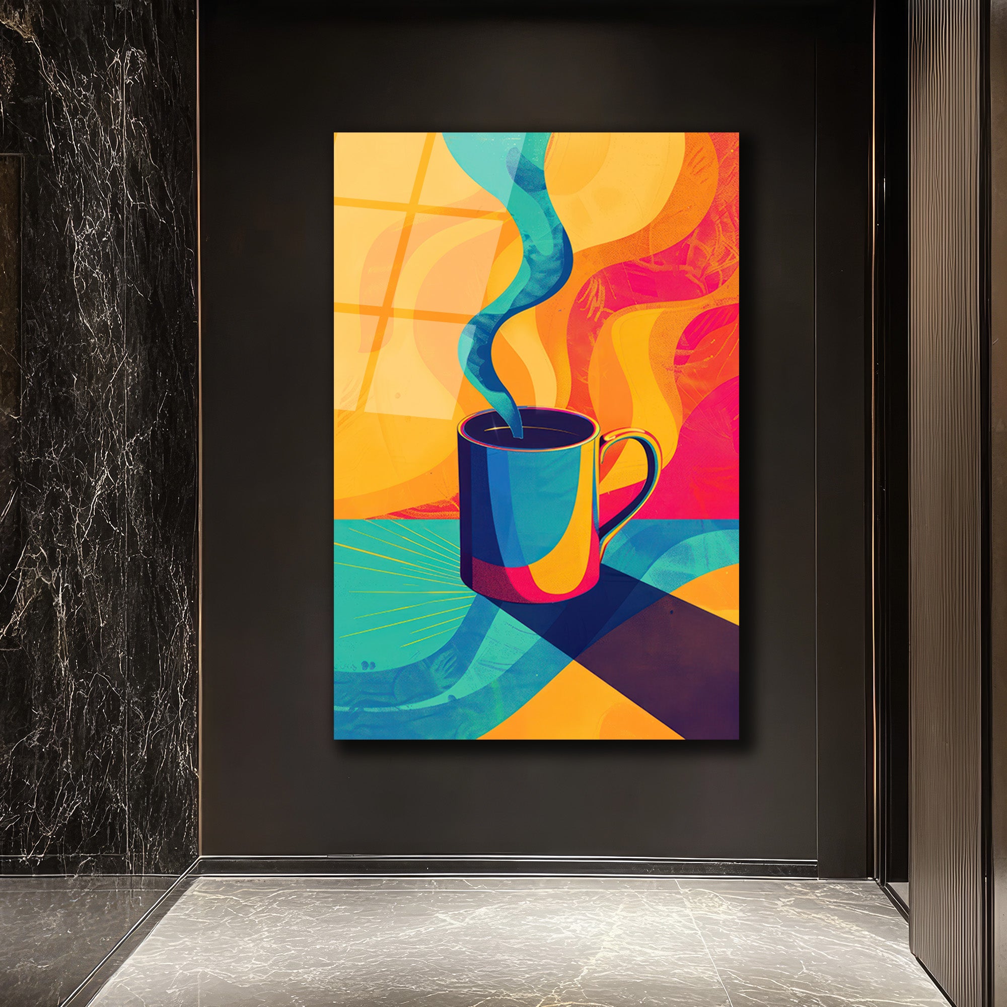 Enerjik Kahve Keyfi Cam Tablo - Modern Sanat Duvar Dekoru