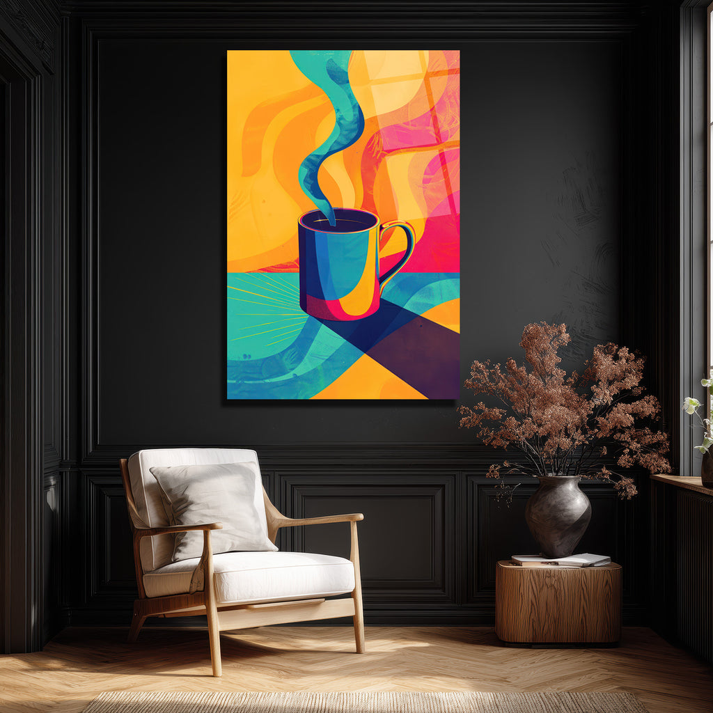 Enerjik Kahve Keyfi Cam Tablo - Modern Sanat Duvar Dekoru