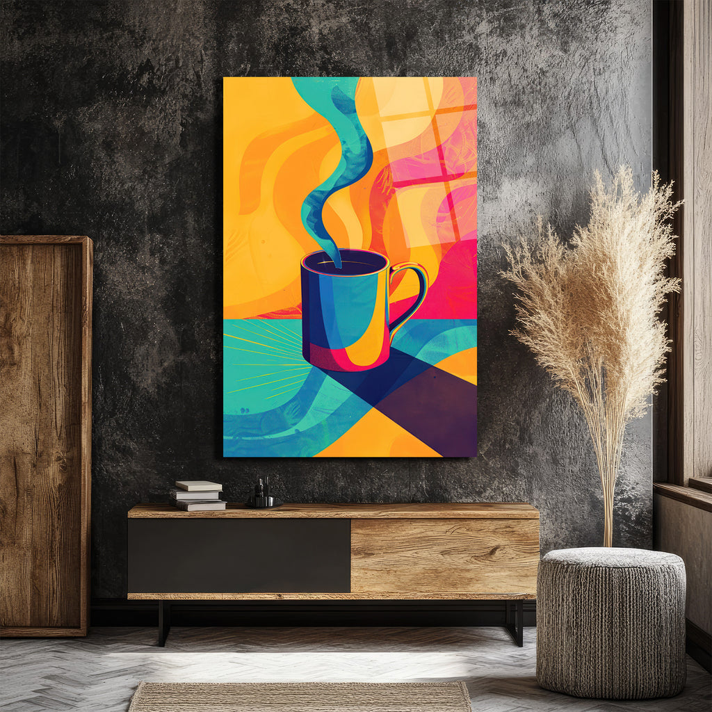 Enerjik Kahve Keyfi Cam Tablo - Modern Sanat Duvar Dekoru
