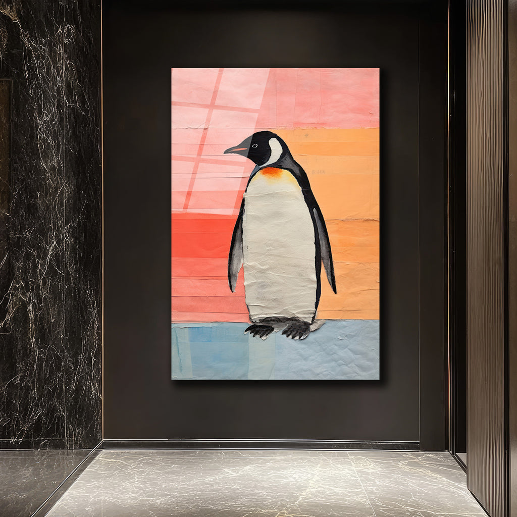 Neşeli Penguen Cam Tablo: Modern Sanat ve Renklerin Dansı