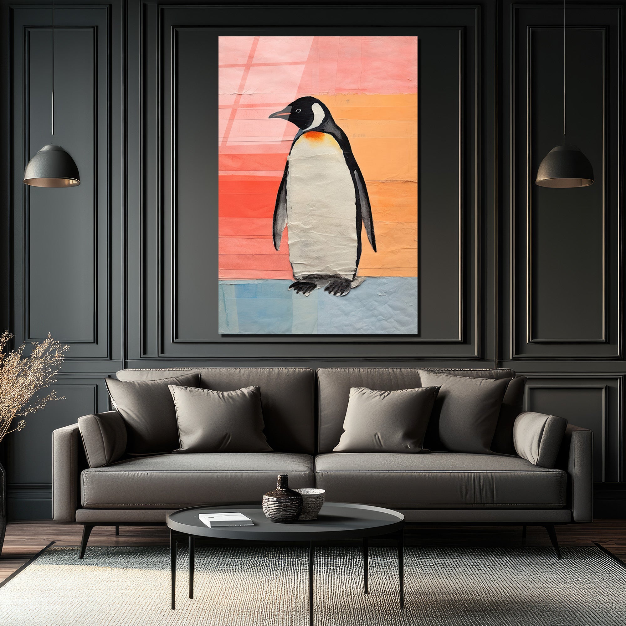 Neşeli Penguen Cam Tablo: Modern Sanat ve Renklerin Dansı