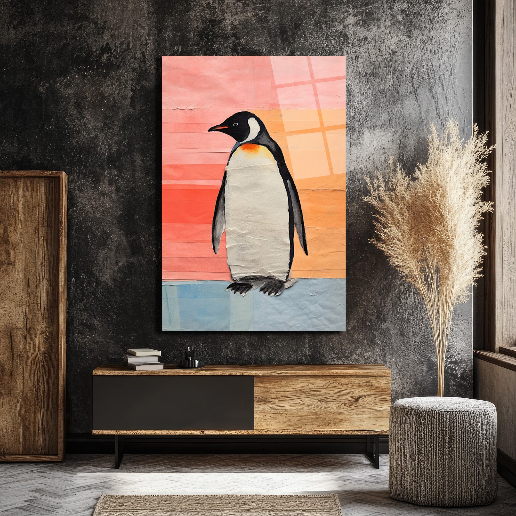Neşeli Penguen Cam Tablo: Modern Sanat ve Renklerin Dansı
