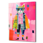 Güneş Gözlüklü Patchwork Kedi Cam Tablo - Modern Sanat Duvar Dekoru