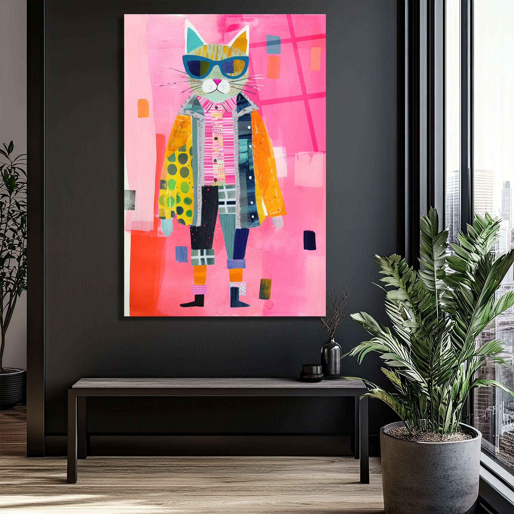 Güneş Gözlüklü Patchwork Kedi Cam Tablo - Modern Sanat Duvar Dekoru