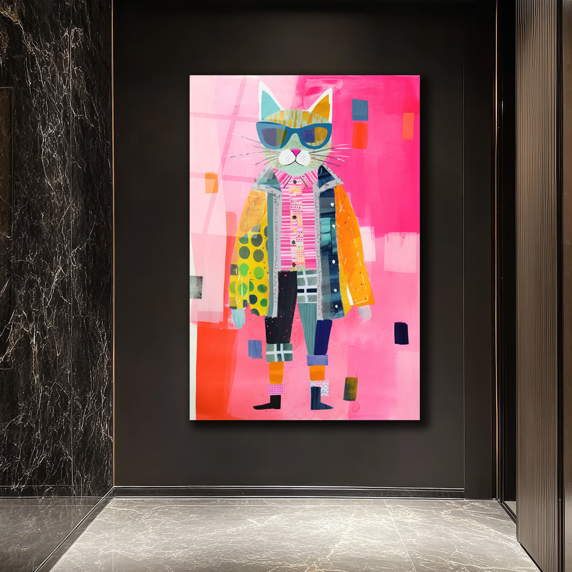 Güneş Gözlüklü Patchwork Kedi Cam Tablo - Modern Sanat Duvar Dekoru