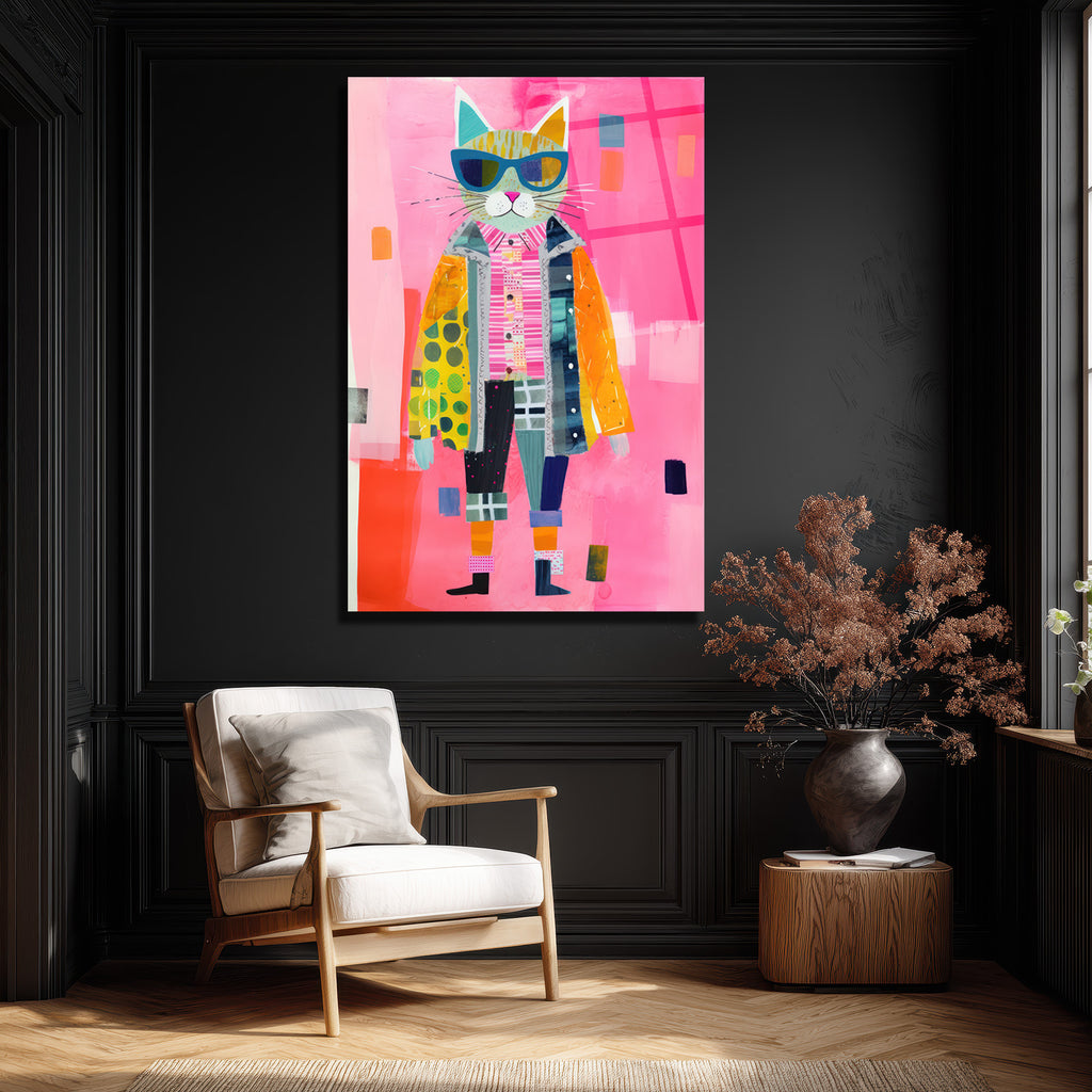 Güneş Gözlüklü Patchwork Kedi Cam Tablo - Modern Sanat Duvar Dekoru