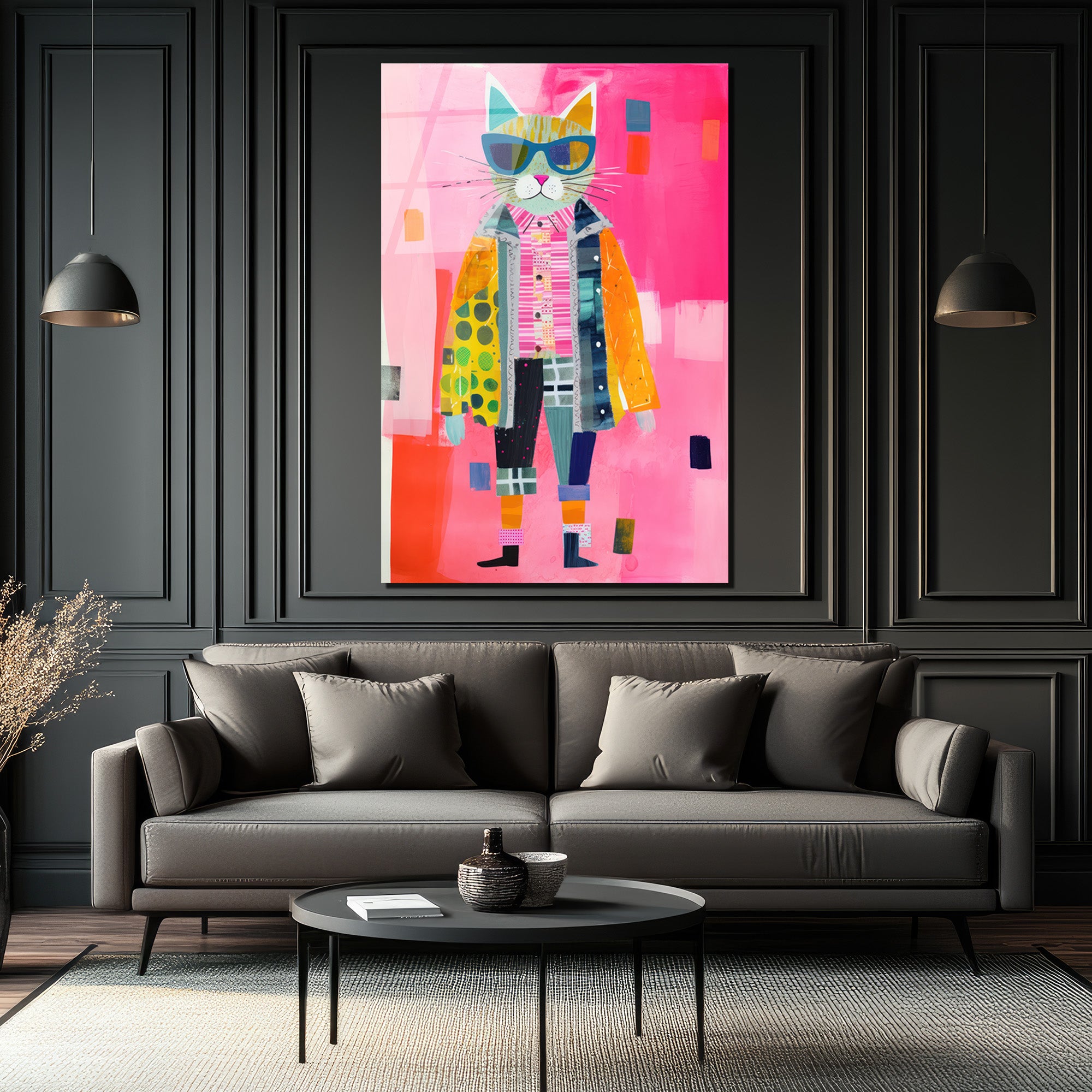 Güneş Gözlüklü Patchwork Kedi Cam Tablo - Modern Sanat Duvar Dekoru