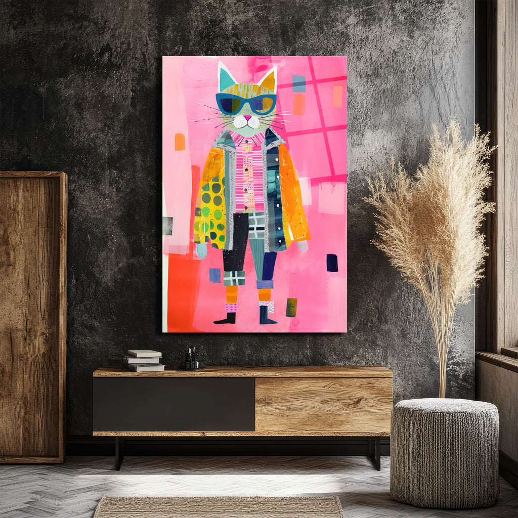Güneş Gözlüklü Patchwork Kedi Cam Tablo - Modern Sanat Duvar Dekoru