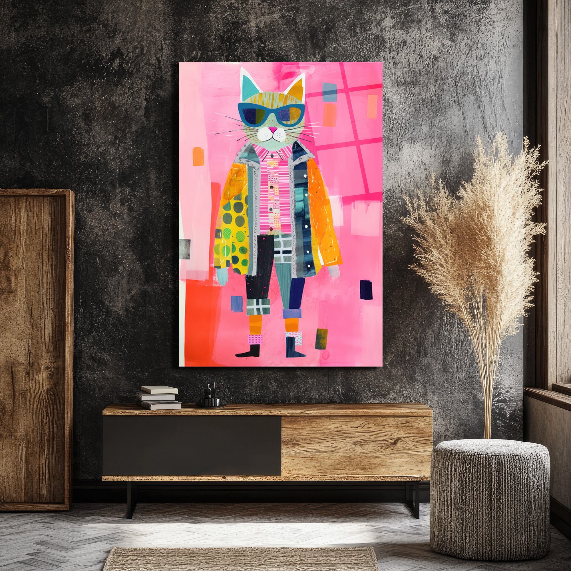 Güneş Gözlüklü Patchwork Kedi Cam Tablo - Modern Sanat Duvar Dekoru