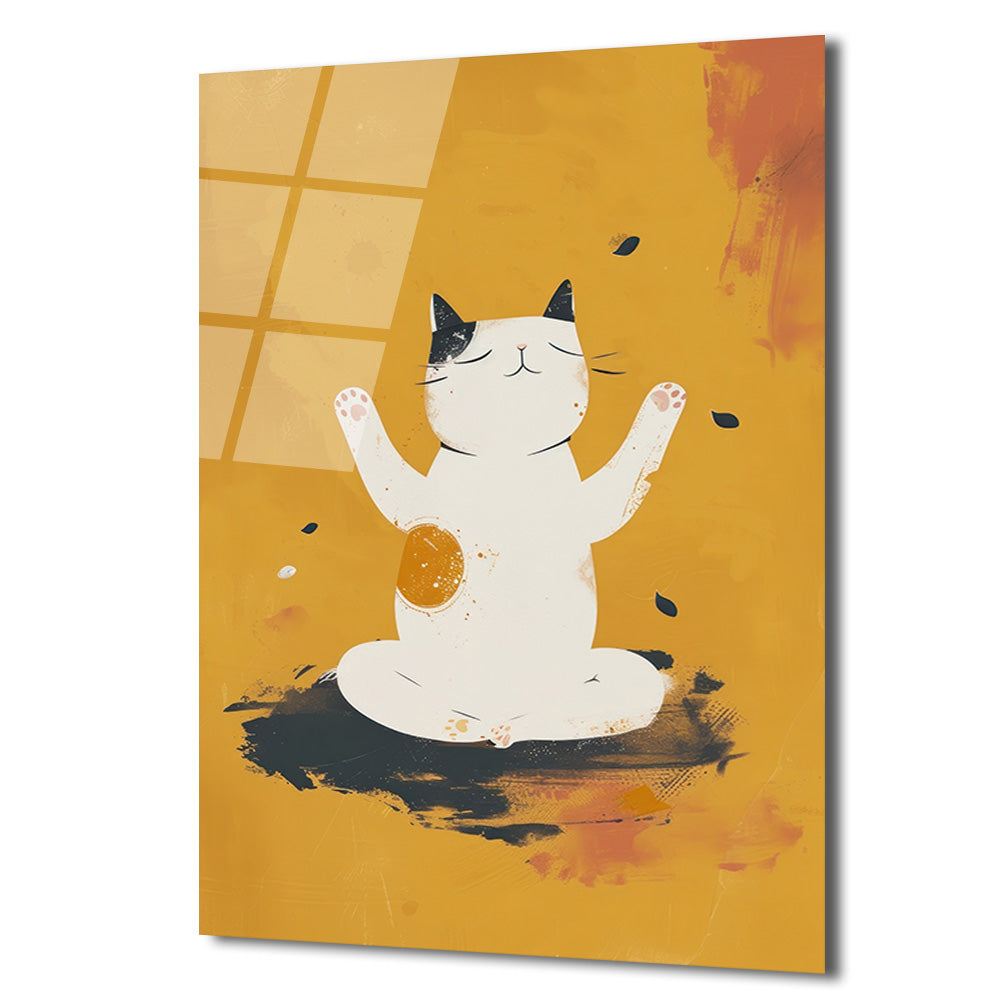 Zen Kedi Meditasyon Temalı Modern Cam Tablo