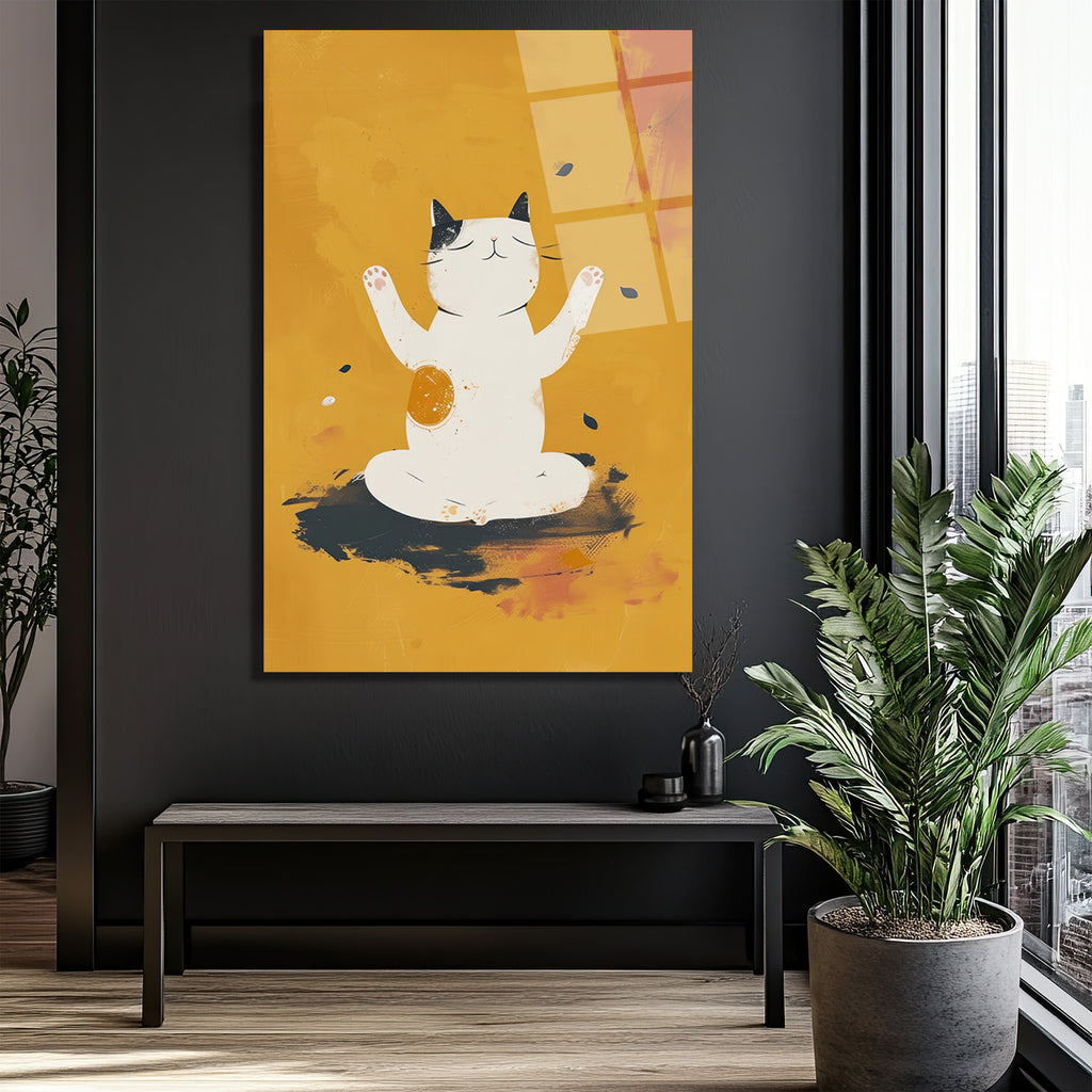 Zen Kedi Meditasyon Temalı Modern Cam Tablo