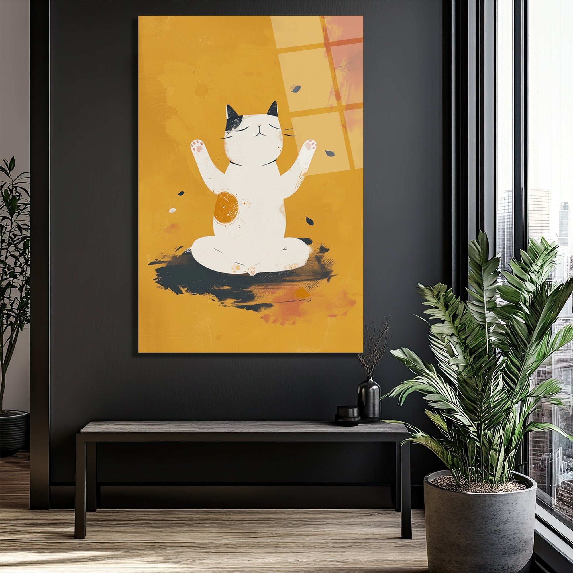 Zen Kedi Meditasyon Temalı Modern Cam Tablo