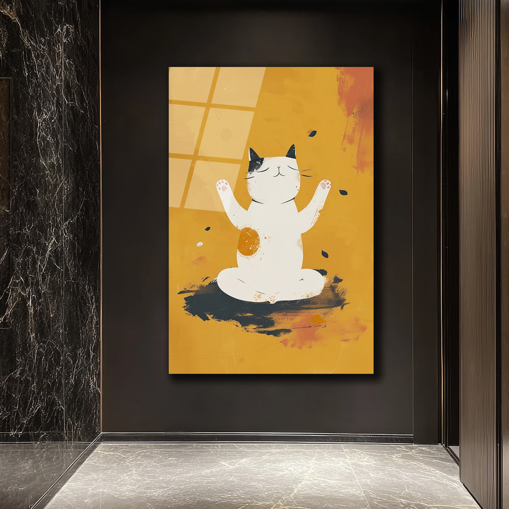 Zen Kedi Meditasyon Temalı Modern Cam Tablo