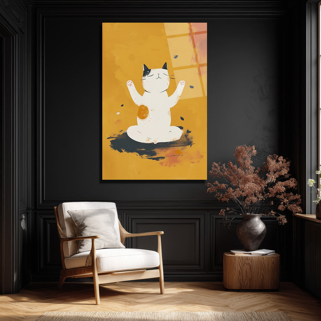 Zen Kedi Meditasyon Temalı Modern Cam Tablo