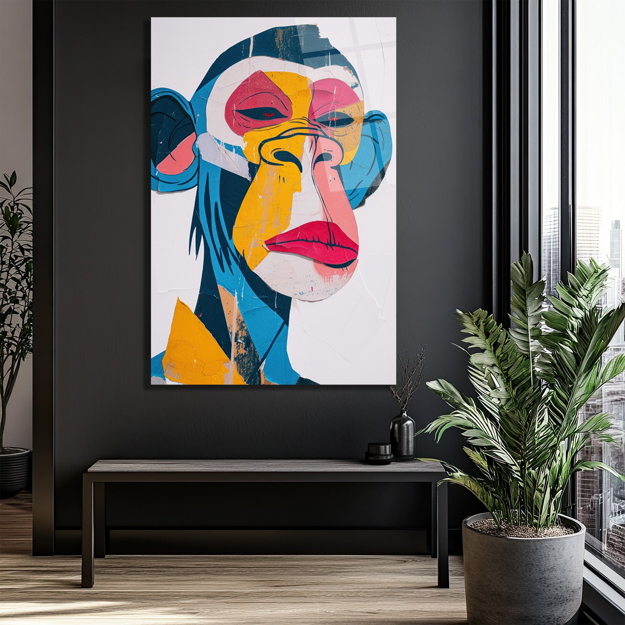 Canlı Renklerle Pop Art Maymun Cam Tablo