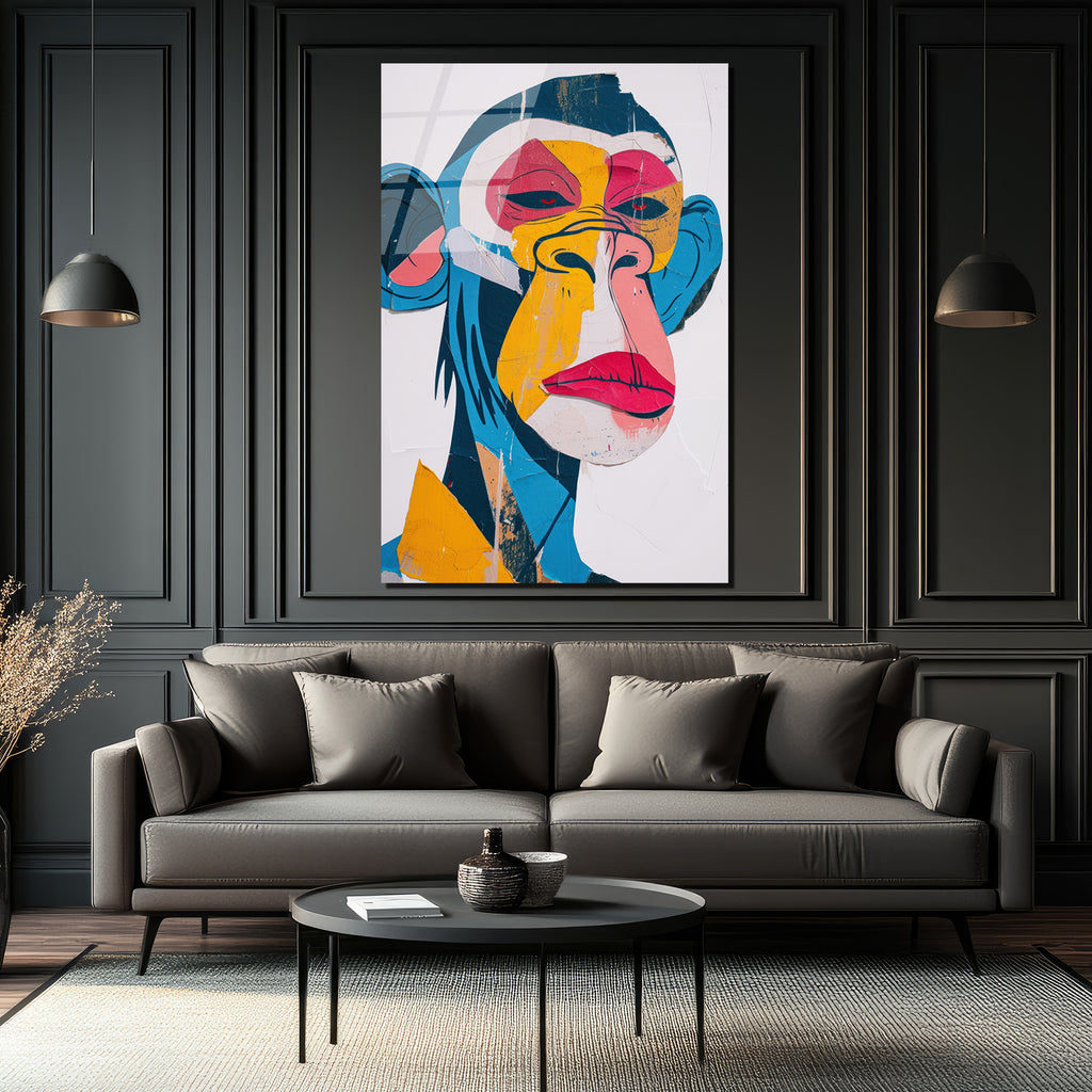 Canlı Renklerle Pop Art Maymun Cam Tablo