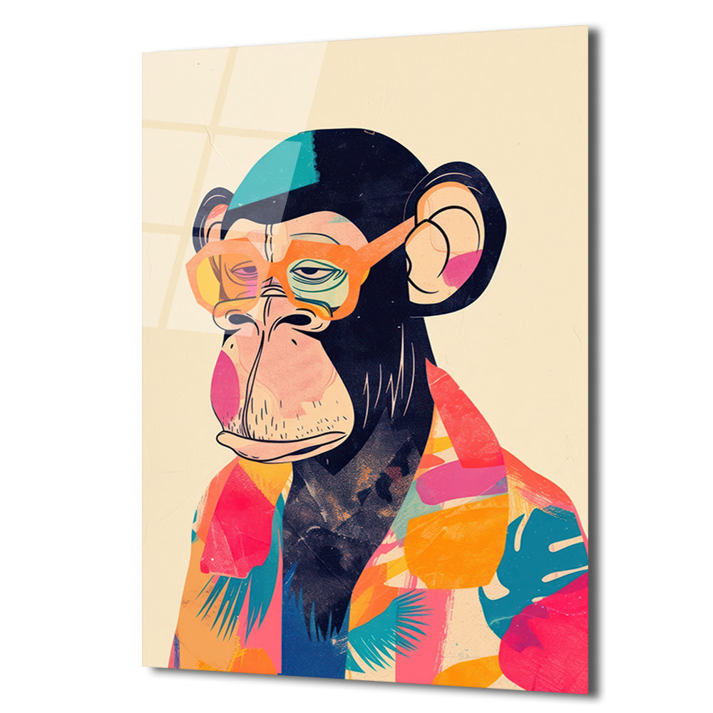 Cool Şempanze: Renkli Gözlüklü Pop Art Cam Tablo