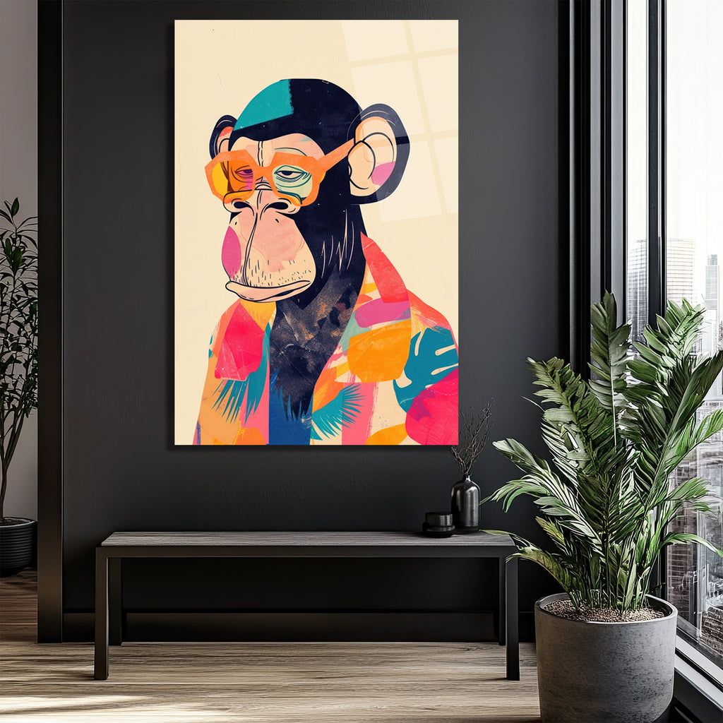 Cool Şempanze: Renkli Gözlüklü Pop Art Cam Tablo