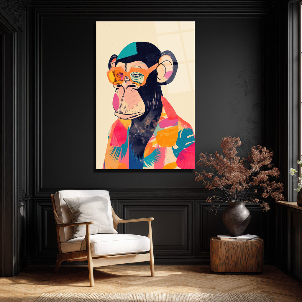 Cool Şempanze: Renkli Gözlüklü Pop Art Cam Tablo