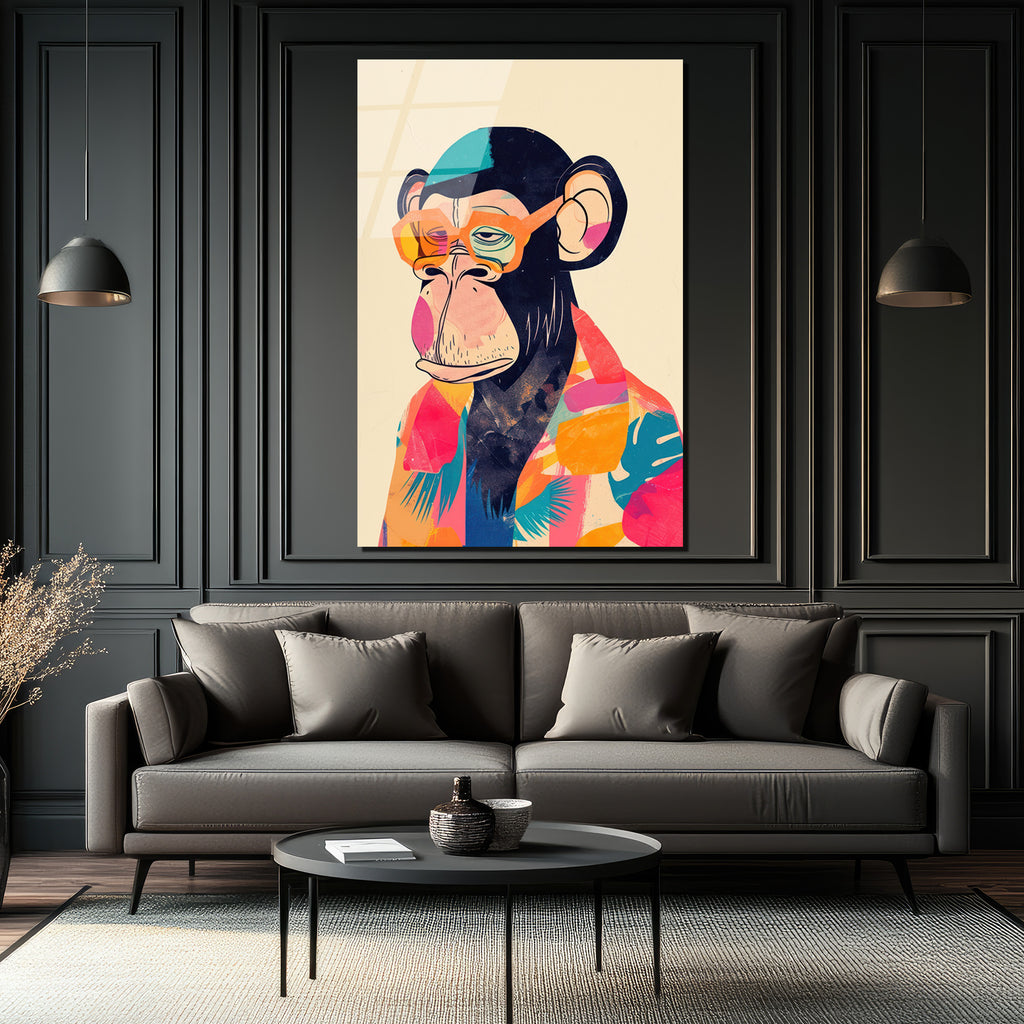 Cool Şempanze: Renkli Gözlüklü Pop Art Cam Tablo