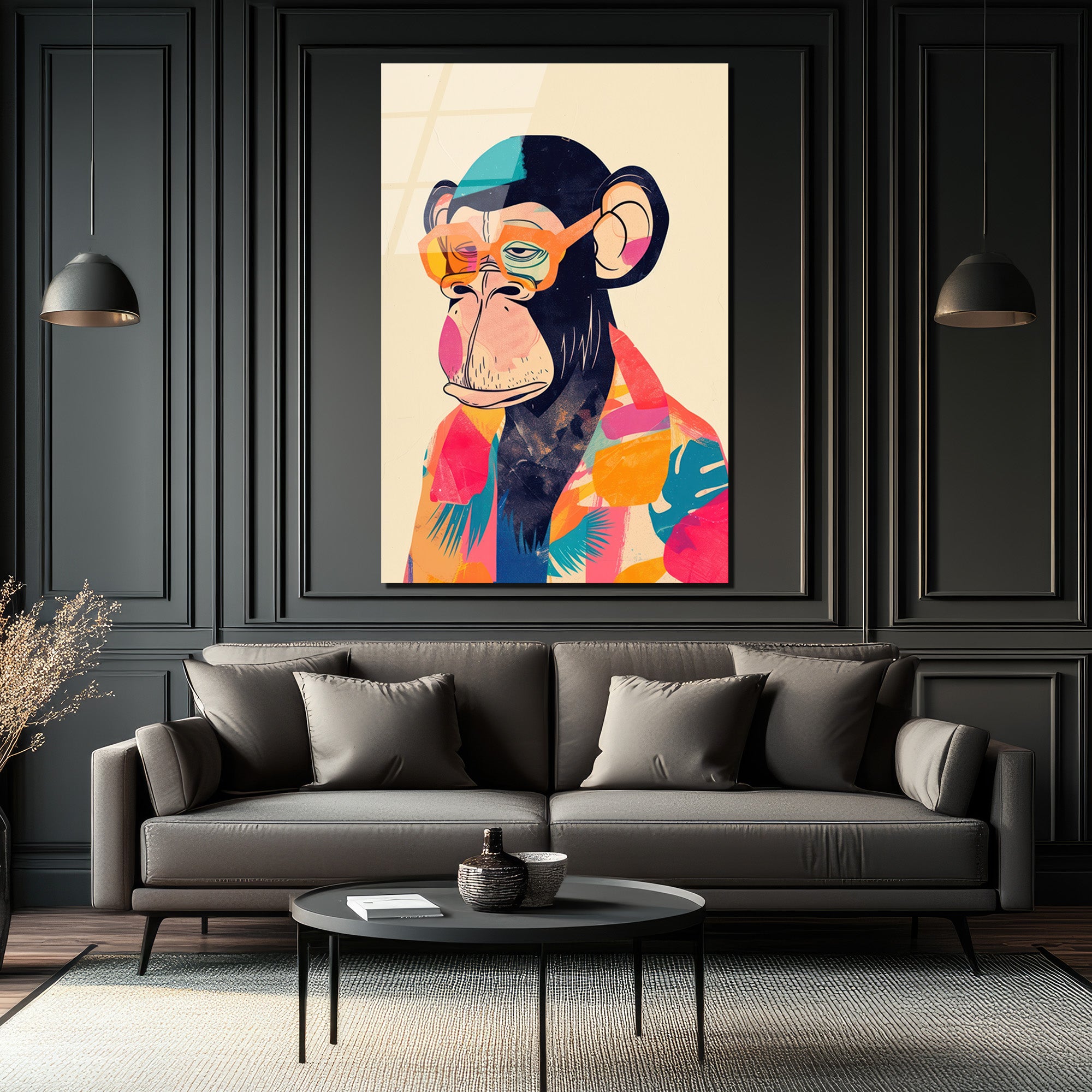 Cool Şempanze: Renkli Gözlüklü Pop Art Cam Tablo