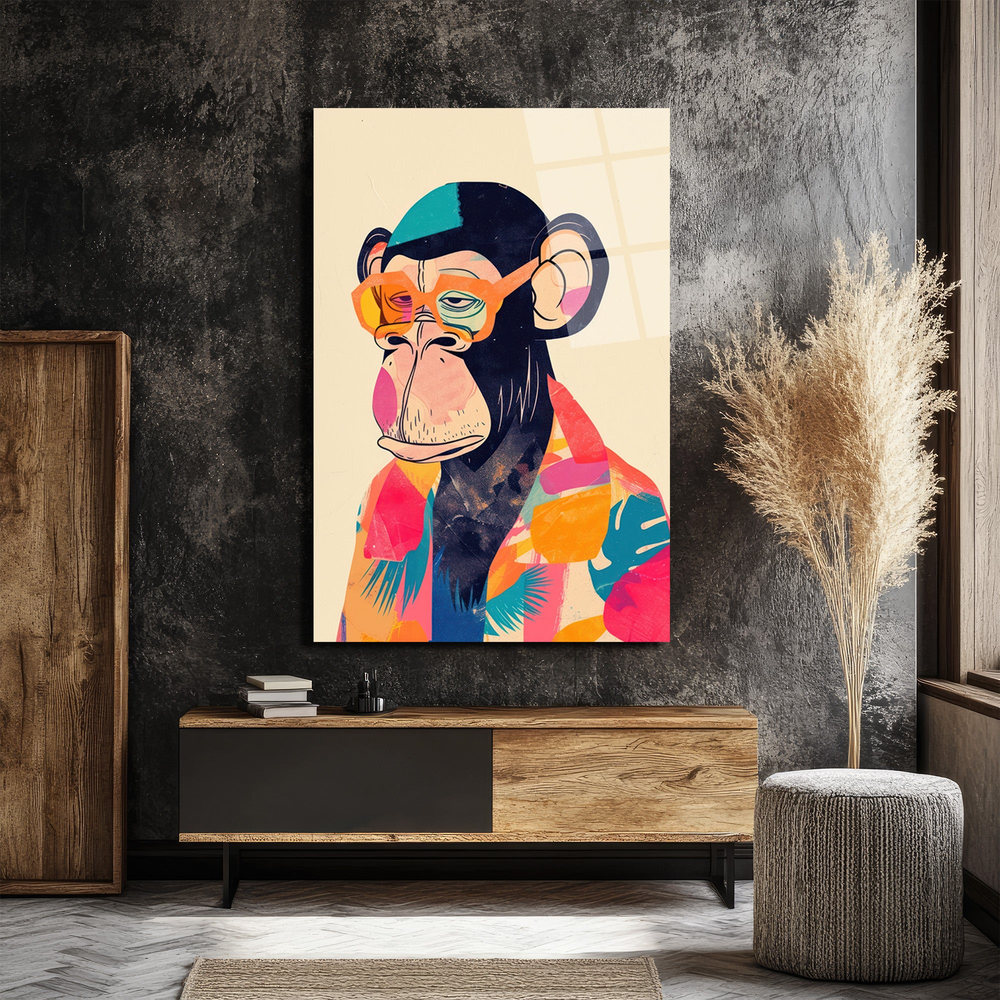 Cool Şempanze: Renkli Gözlüklü Pop Art Cam Tablo