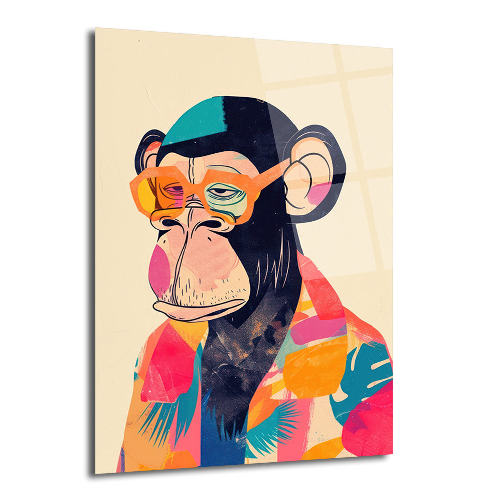 Turuncu gözlük takan ve tropikal desenli, rengarenk bir gömlek giyen, modern pop art tarzında çizilmiş şempanze portresi cam tablo.