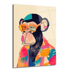 Turuncu gözlük takan ve tropikal desenli, rengarenk bir gömlek giyen, modern pop art tarzında çizilmiş şempanze portresi cam tablo.