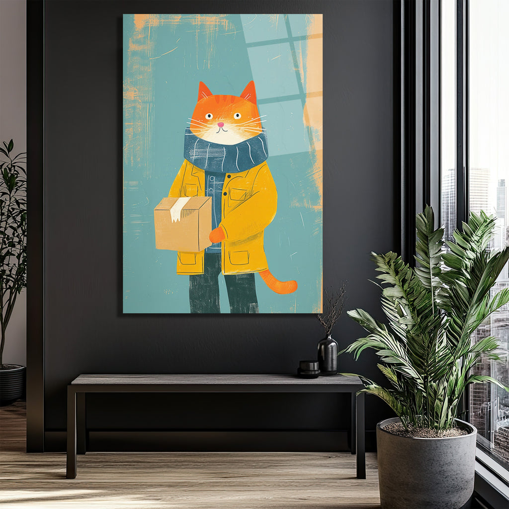 Sevimli Postacı Kedi Modern Sanat Cam Tablo